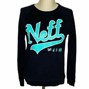 Neff Custom Goods Sweatshirt Womens Size XS Black Aqua Spellout Light Weight